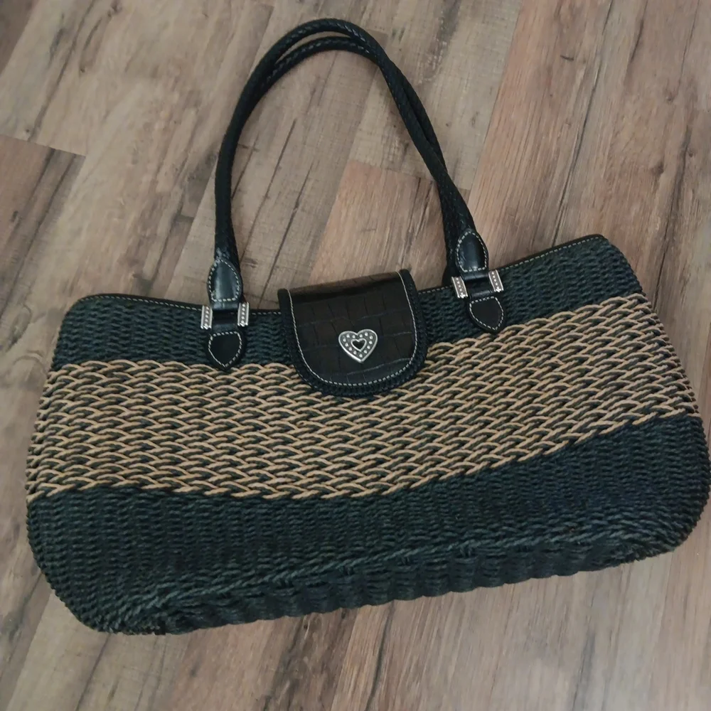 Woven Straw Tote Bag in Black and Tan - Picture 1 of 7